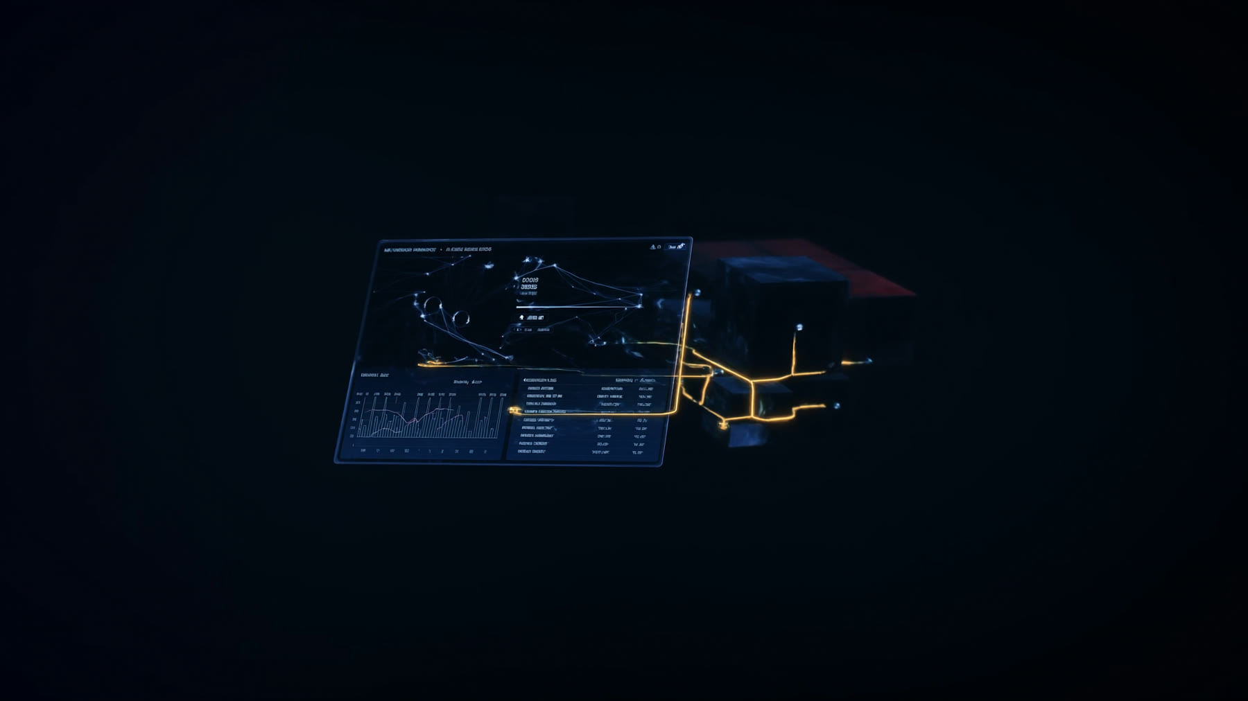 Interfaz de un agente de inteligencia artificial y un tablero financiero que se ensamblan en el aire, unidos por líneas de luz