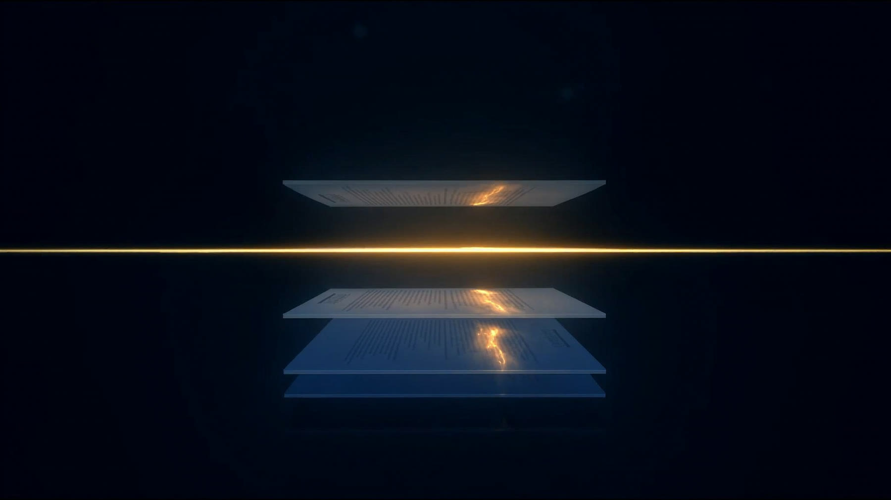 Documentos de trabajo en capas de cristal atravesados por una línea de luz dorada que los revisa uno a uno