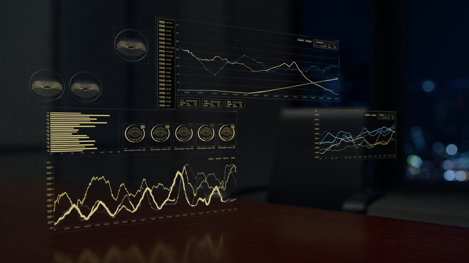 Tablero financiero holográfico con gráficas de flujo de caja e indicadores sobre una mesa de juntas